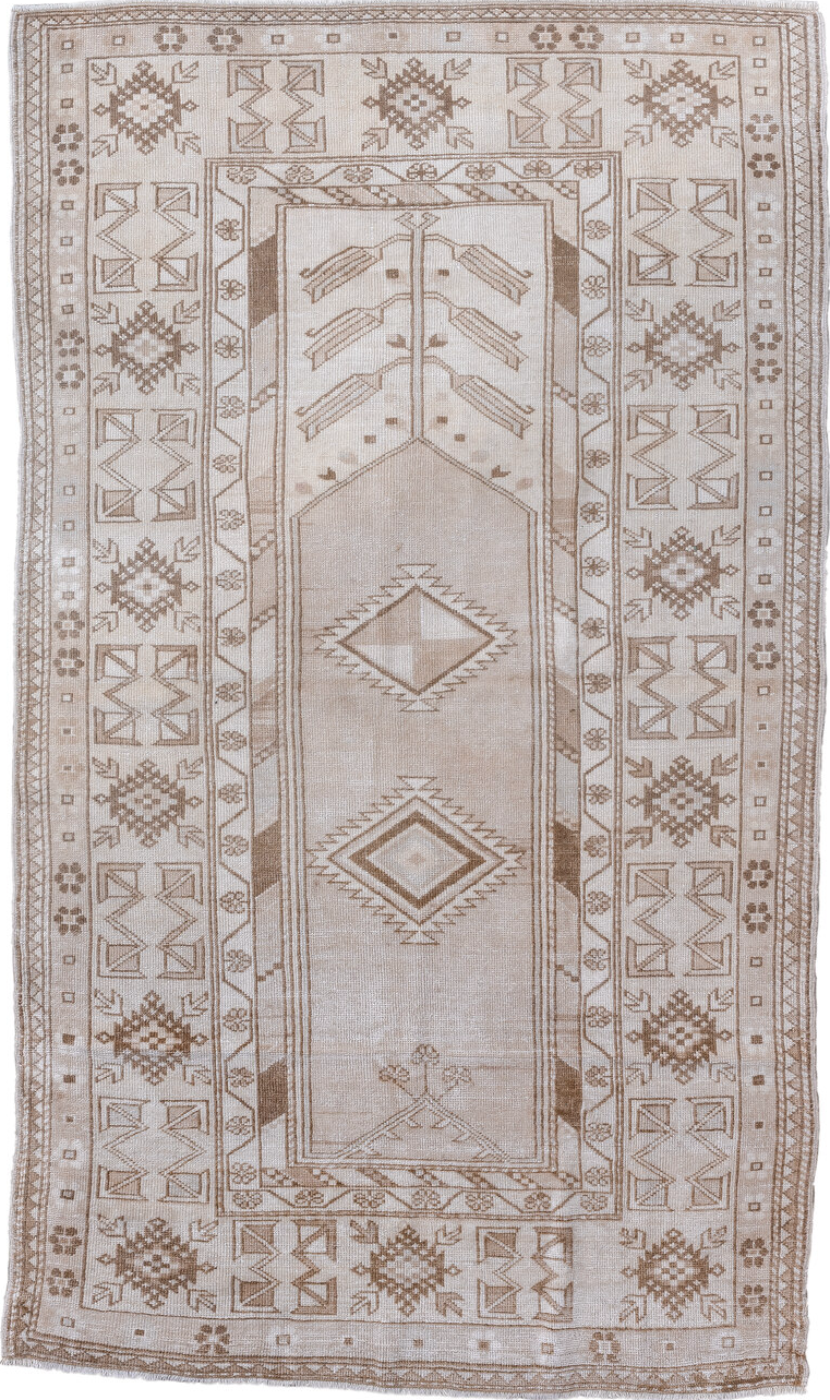 4' x 7' one-of-a-kind handmade vintage Anatol rug. Color palette: dark gray, gainsboro, gray, light gray, off-white, pink