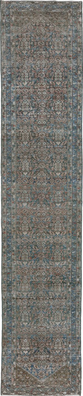3' x 16' one-of-a-kind handmade vintage Malayer runner rug. Color palette: black, blue, charcoal, gray, light gray