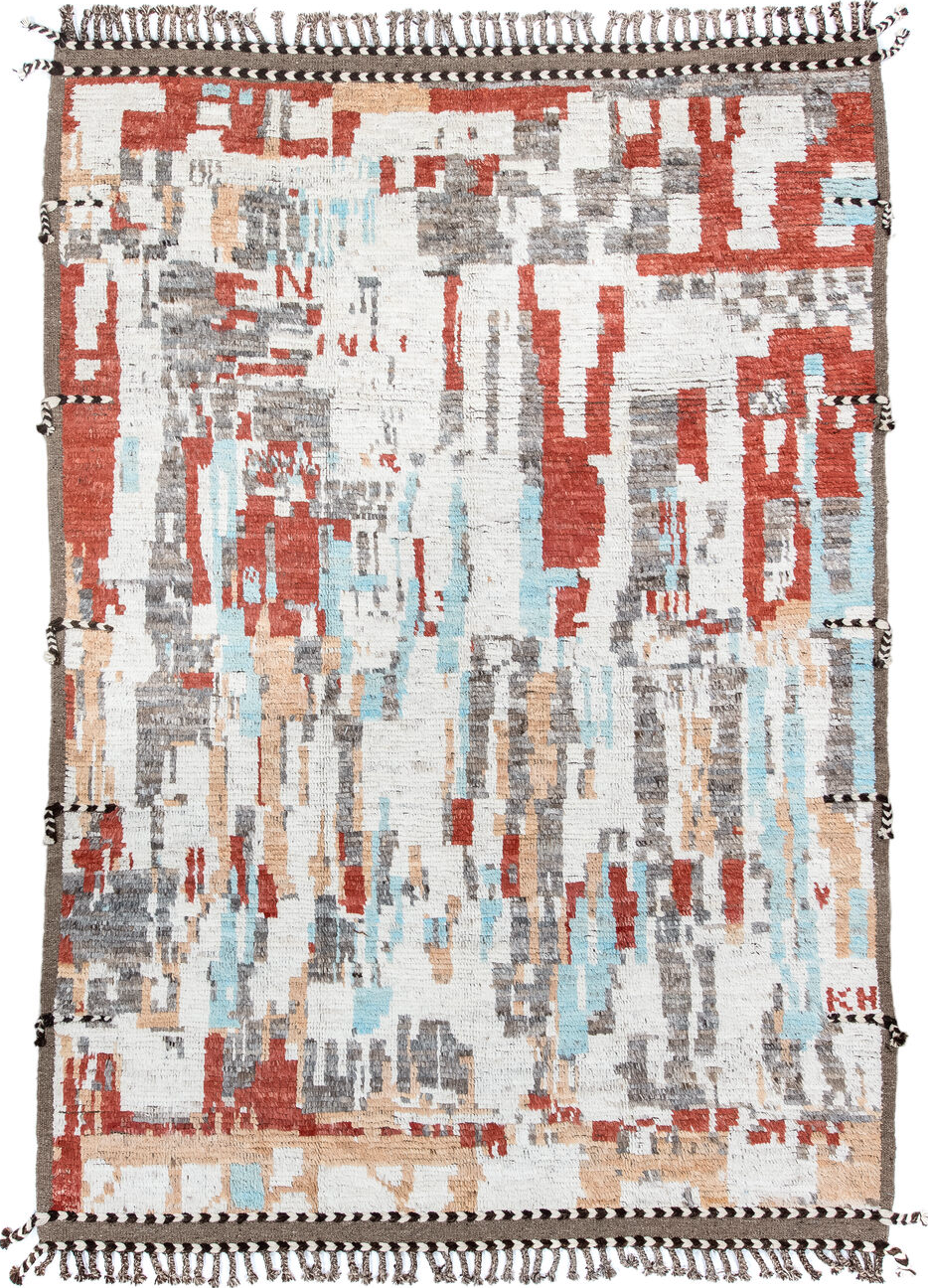 7' x 9' one-of-a-kind handmade vintage Tulu rug. Color palette: black, brown, dark gray, gray, light blue, light gray