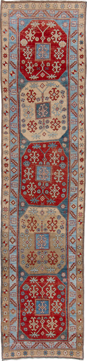 3' x 13' one-of-a-kind handmade vintage Caucasian runner rug. Color palette: black, blue, brown, gray, light blue
