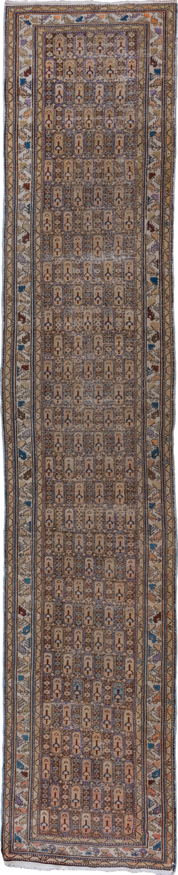 3' x 18' one-of-a-kind handmade vintage Shirvan runner rug. Color palette: black, blue, brown, gray, off-white, pink, snow