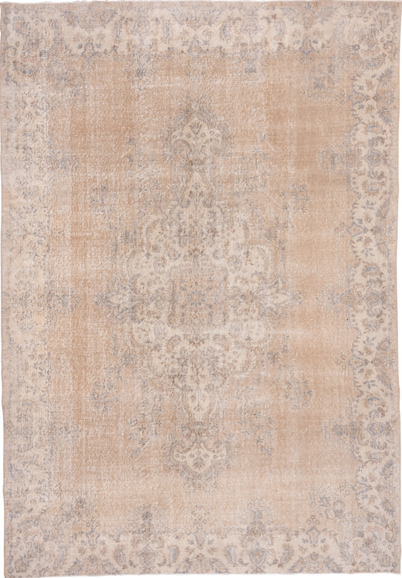 7' x 10' one-of-a-kind handmade vintage Oushak large size rug. Color palette: brown, gray, light gray, linen, off-white