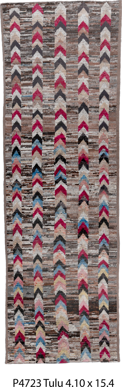 4' x 15' one-of-a-kind handmade vintage Tulu runner rug. Color palette: black, blue, brown, charcoal, dark gray, gainsboro