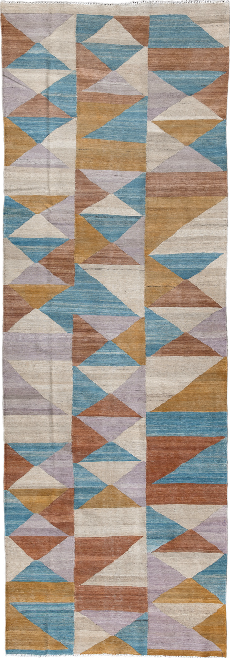 3' x 9' one-of-a-kind handmade vintage Kilim runner rug. Color palette: blue, brown, gray, light gray, off-white, pink
