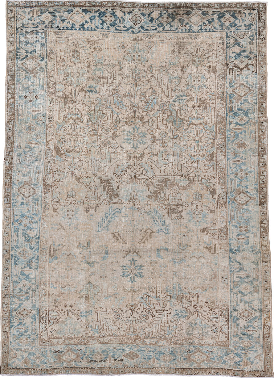 7' x 10' one-of-a-kind handmade vintage Heriz large size rug. Color palette: blue, gainsboro, gray, light gray, off-white