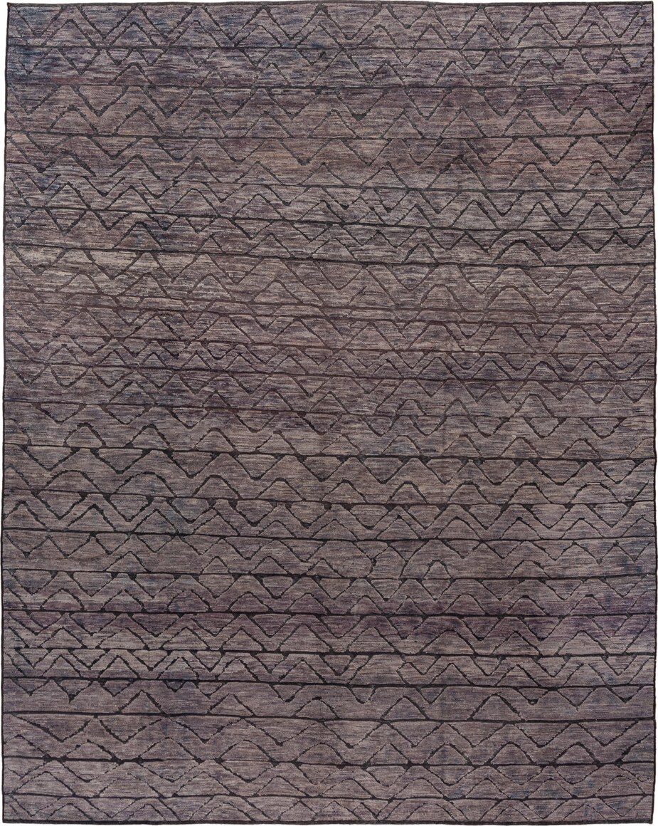 9' x 11' one-of-a-kind handmade vintage Tulu large size rug. Color palette: black, charcoal, dim gray, gray, pink