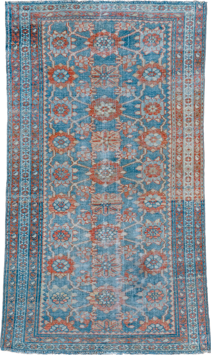3' x 6' one-of-a-kind handmade vintage Malayer small size rug. Color palette: dim gray, gray, light gray, off-white, pink
