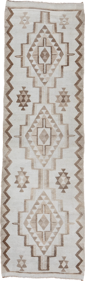 2' x 8' one-of-a-kind handmade vintage Kilim runner rug. Color palette: brown, gainsboro, gray, light gray, off-white