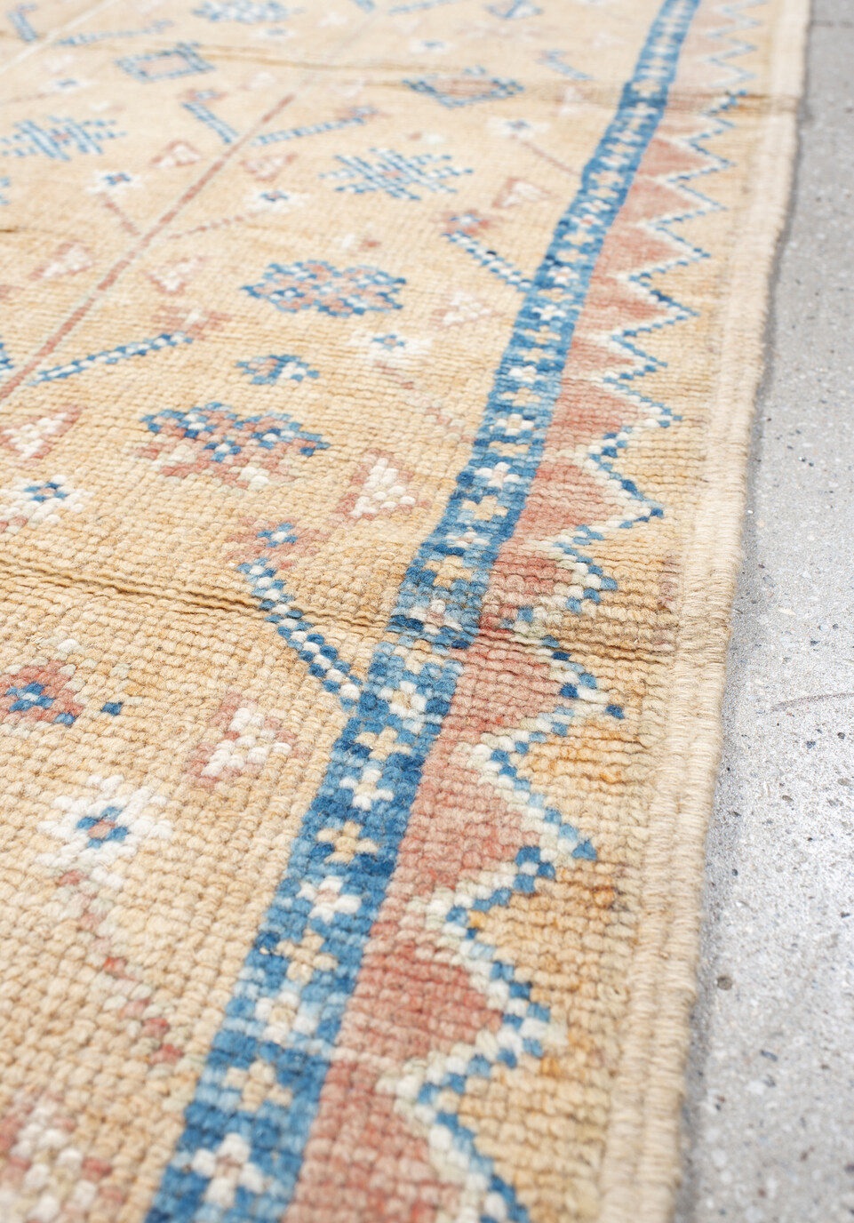 3' x 6' one-of-a-kind handmade vintage Moroccan small size rug. Color palette: gray, blue, light gray, brown, off-white