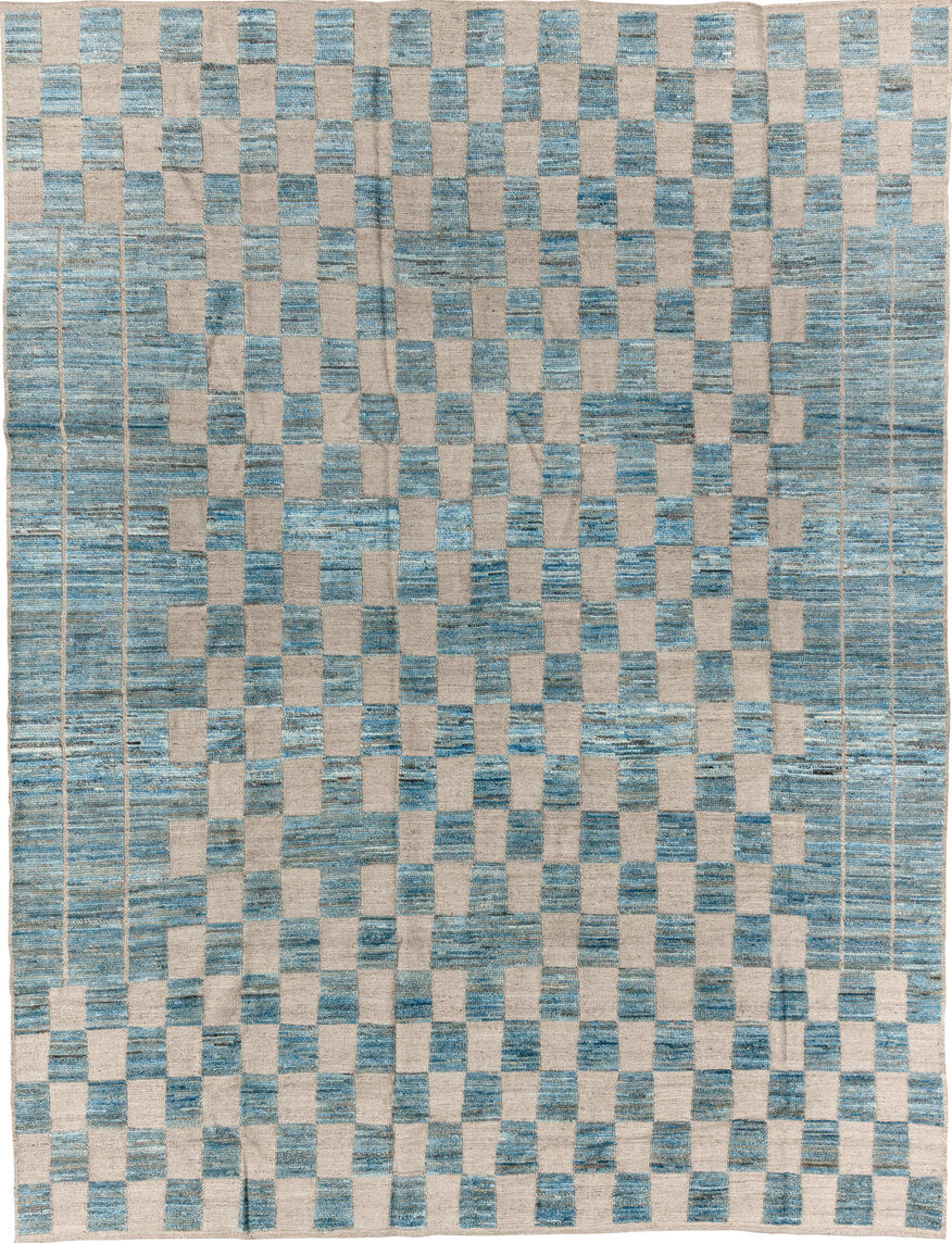 8' x 11' one-of-a-kind handmade vintage Tulu large size rug. Color palette: arapawa, black, blue, charcoal, dark gray, gray