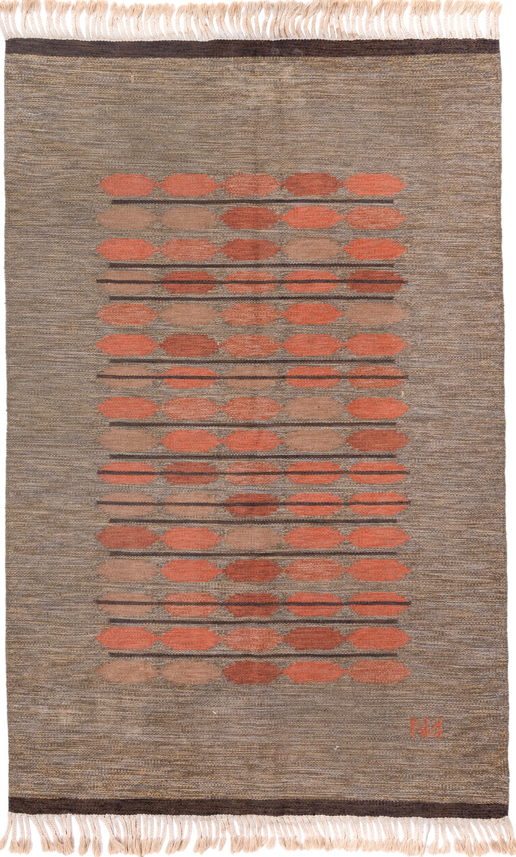 5' x 8' one-of-a-kind handmade vintage Rollaken medium size rug. Color palette: brown, dark salmon, gray, light gray