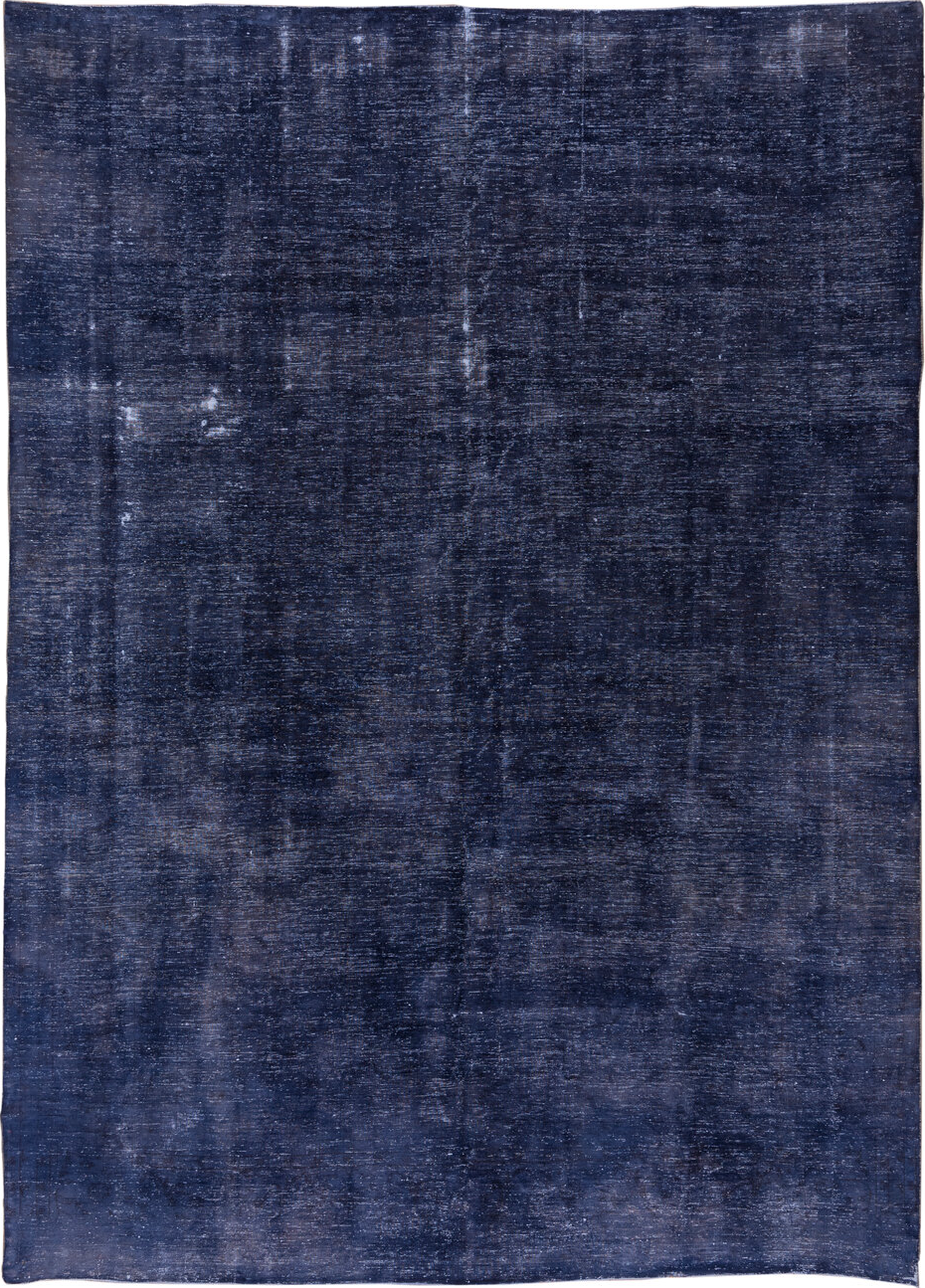 9' x 13' one-of-a-kind handmade vintage Overdyed large size rug. Color palette: blue, fiord, gray, light blue