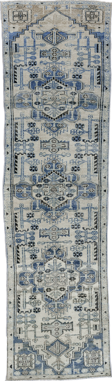 2' x 9' one-of-a-kind handmade vintage Karaje runner rug. Color palette: black, blue, charcoal, dim gray, fiord, gainsboro