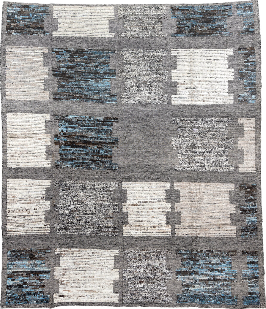 11' x 12' one-of-a-kind handmade vintage Tulu oversize rug. Color palette: black, blue, charcoal, dark gray, dim gray