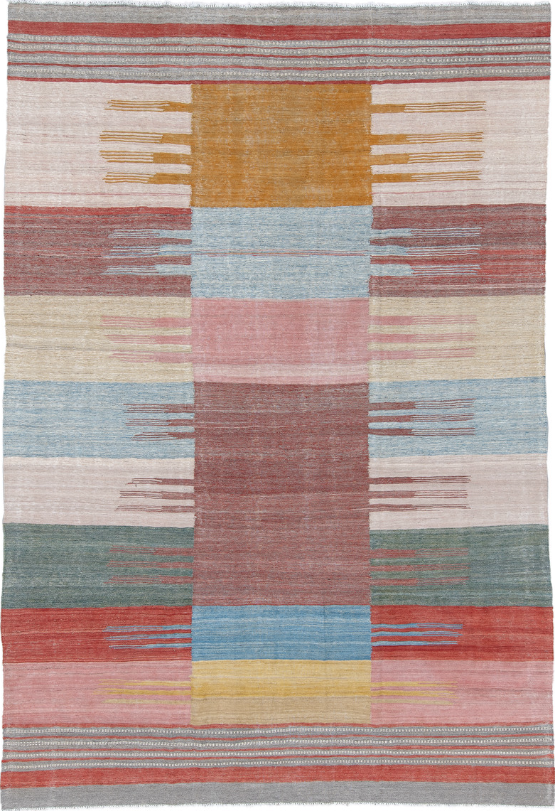 8' x 12' one-of-a-kind handmade vintage Kilim large size rug. Color palette: brown, dim gray, gray, light blue, light gray