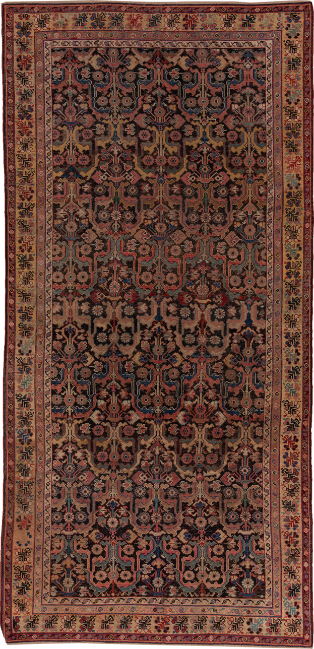 6' x 12' one-of-a-kind handmade vintage Karabagh large size rug. Color palette: black, brown, gray, pink, red