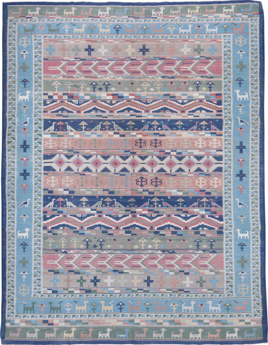 9' x 11' one-of-a-kind handmade vintage Dhurrie large size rug. Color palette: blue, dark gray, gainsboro, gray, light blue