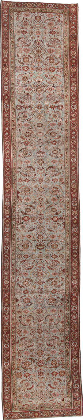 3' x 15' one-of-a-kind handmade vintage Malayer runner rug. Color palette: brown, dark gray, gray, light gray, off-white