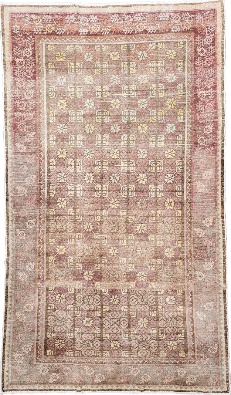 6' x 11' one-of-a-kind handmade vintage European large size rug. Color palette: brown, red, off-white, pink, gray, orange