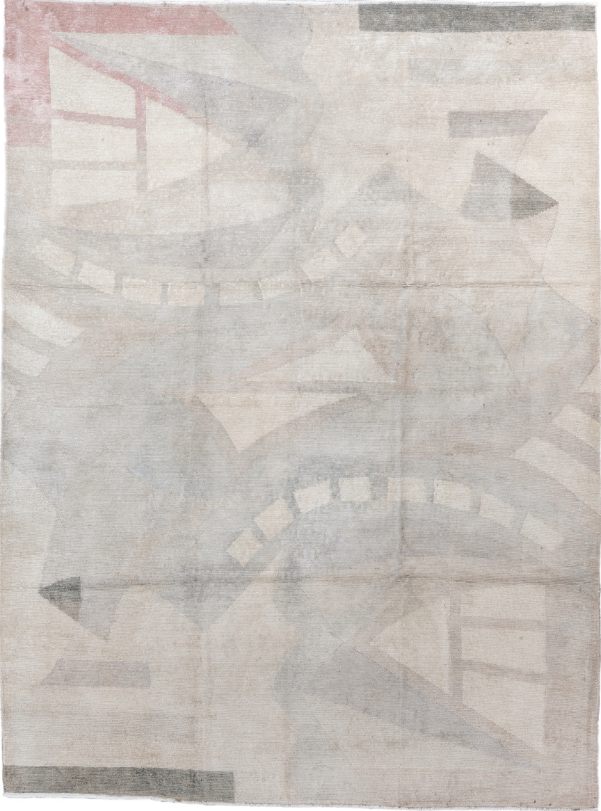 8' x 10' one-of-a-kind handmade vintage Tibetan large size rug. Color palette: gray, off-white, light gray, pink, dark gray