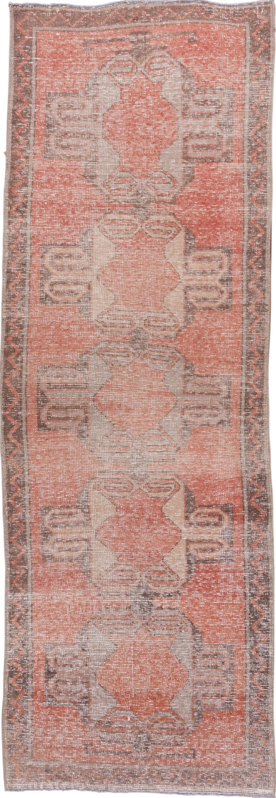 3' x 8' one-of-a-kind handmade vintage Oushak runner rug. Color palette: brown, gray, light gray, off-white, pink, snow