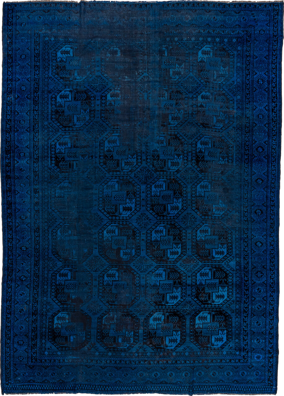 9' x 13' one-of-a-kind handmade vintage Overdyed large size rug. Color palette: blue, dim gray, gray, light gray, off-white