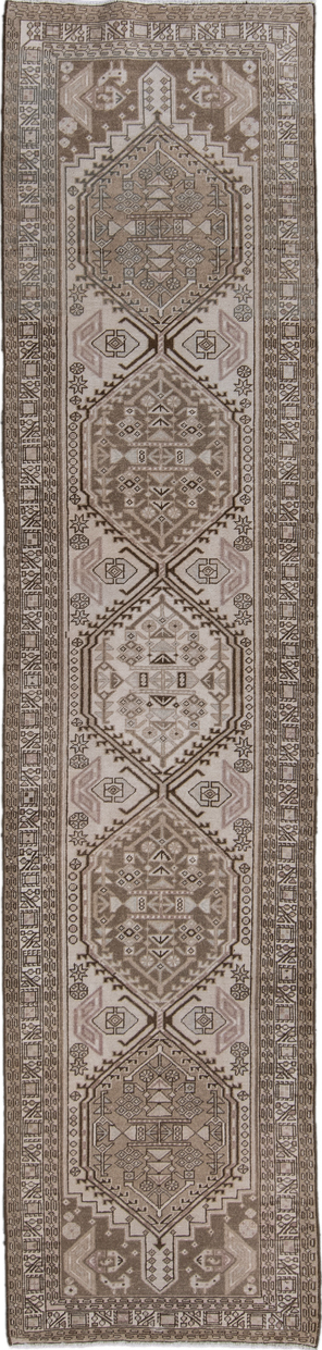 2' x 10' one-of-a-kind handmade vintage Sarab runner rug. Color palette: gray, light gray, off-white, pink, snow, white