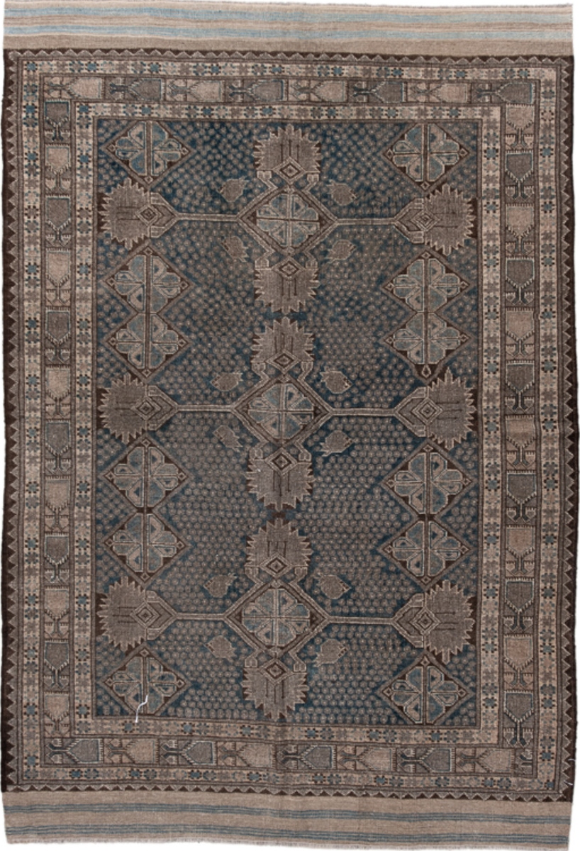 5' x 7' one-of-a-kind handmade vintage Belouch rug. Color palette: pink, gray, black, brown, light gray, blue, charcoal