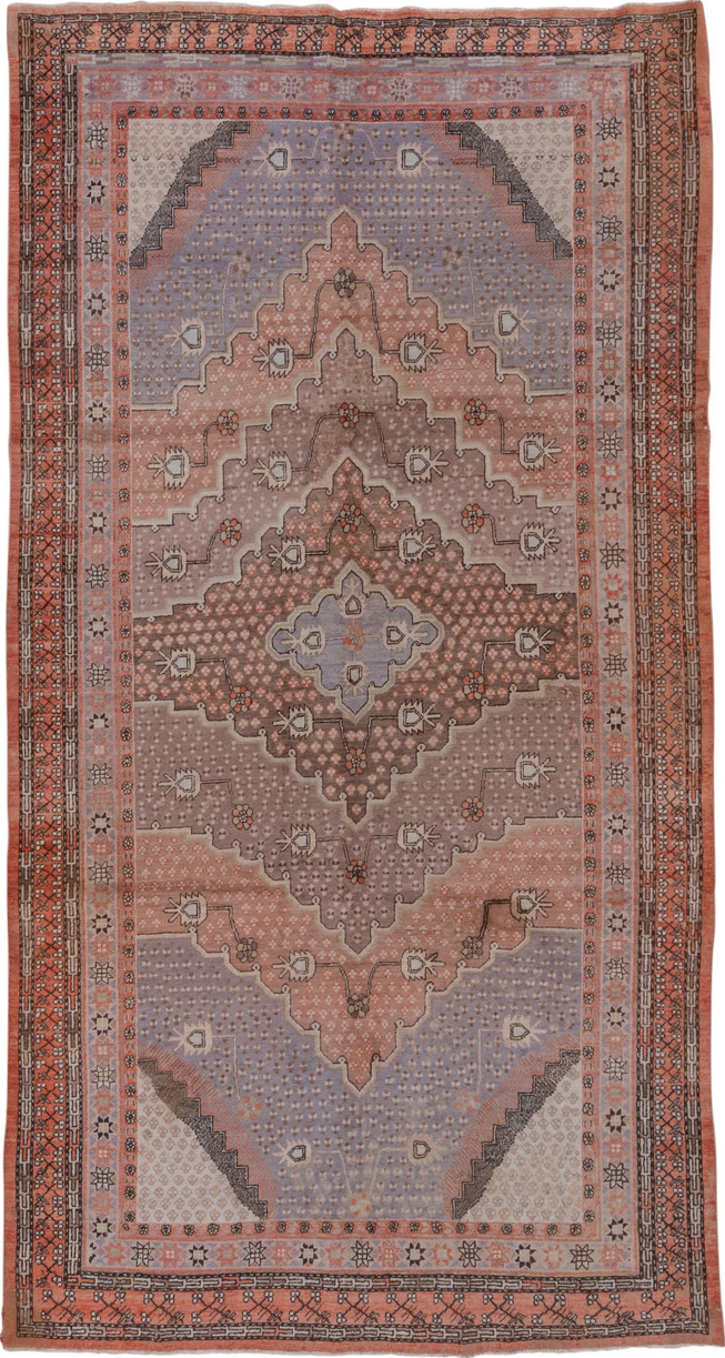 5' x 10' one-of-a-kind handmade vintage Khotan medium size rug. Color palette: brown, gray, light gray, pink, redwood