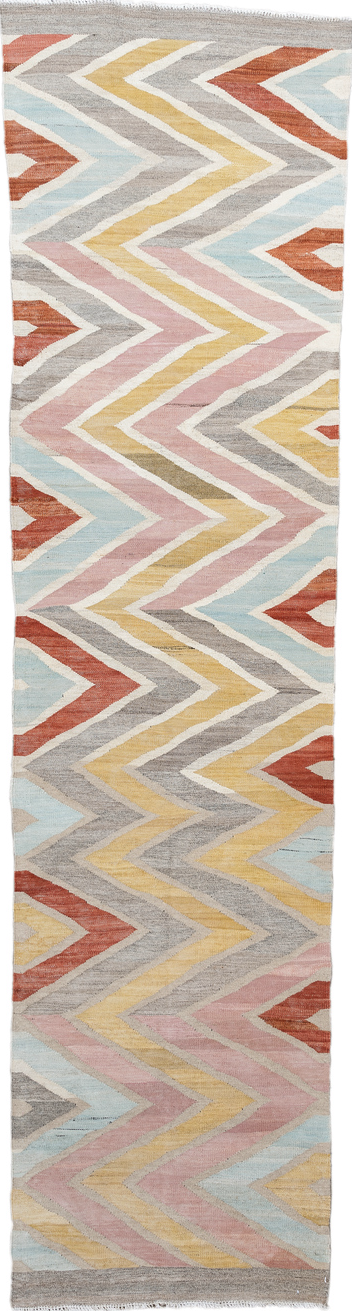 2' x 9' one-of-a-kind handmade vintage Kilim runner rug. Color palette: pink, light gray, off-white, gray, brown, yellow