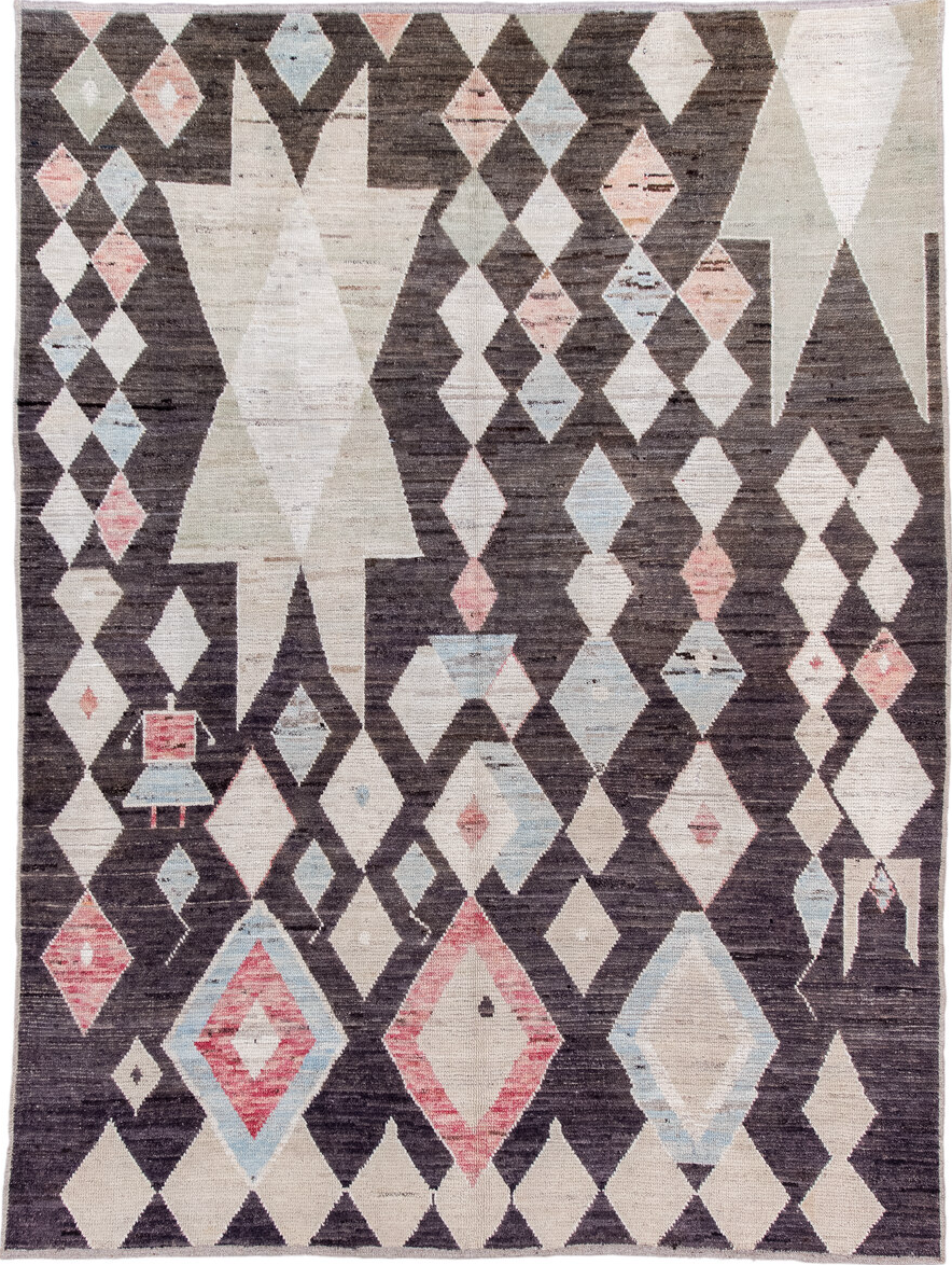 6' x 8' one-of-a-kind handmade vintage Tulu medium size rug. Color palette: black, brown, dark gray, dim gray, gainsboro