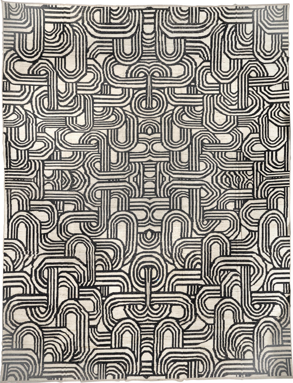 16' x 21' one-of-a-kind handmade vintage Tulu oversize rug. Color palette: black, blue, brown, charcoal, dark gray, gray