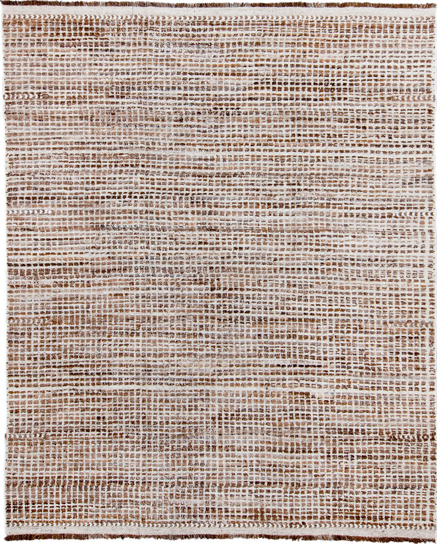 9' x 11' one-of-a-kind handmade vintage Tulu large size rug. Color palette: gray, brown, pink, light gray, off-white, black