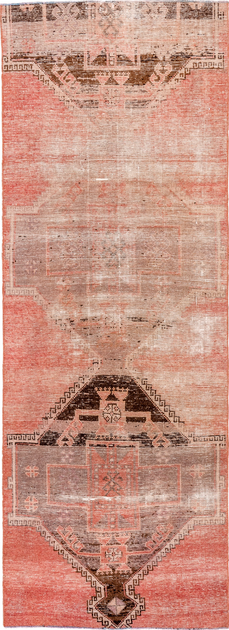 3' x 8' one-of-a-kind handmade vintage Oushak runner rug. Color palette: brown, off-white, orange, pink, red