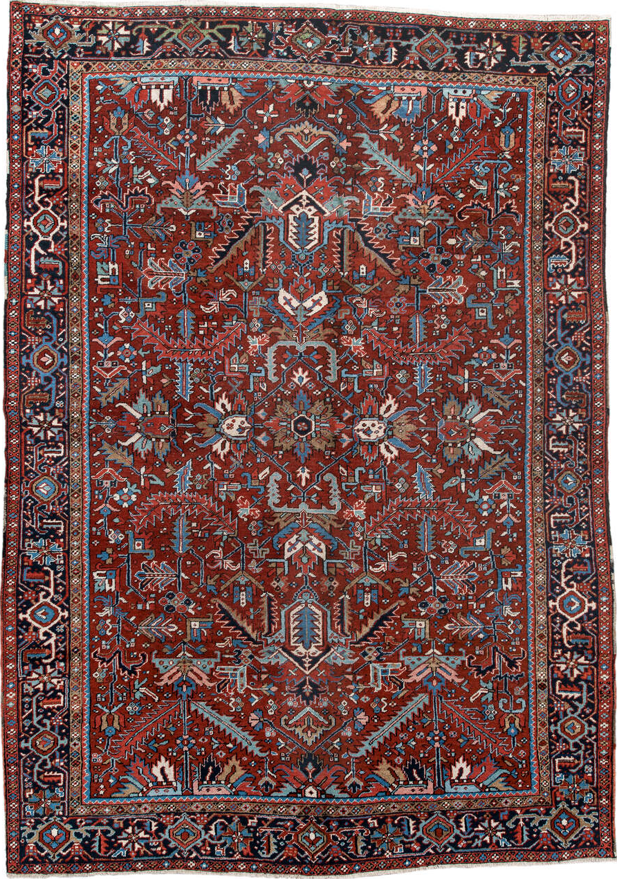 7' x 10' one-of-a-kind handmade vintage Heriz large size rug. Color palette: gray, light gray, off-white, brown, red, pink