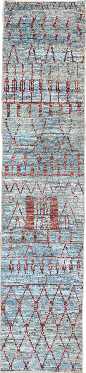 3' x 16' one-of-a-kind handmade vintage Tulu runner rug. Color palette: black, blue, brown, gray, light blue