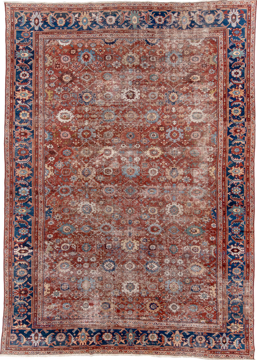 12' x 17' one-of-a-kind handmade vintage Sultanabad oversize rug. Color palette: blue, brown, gray, light gray, off-white