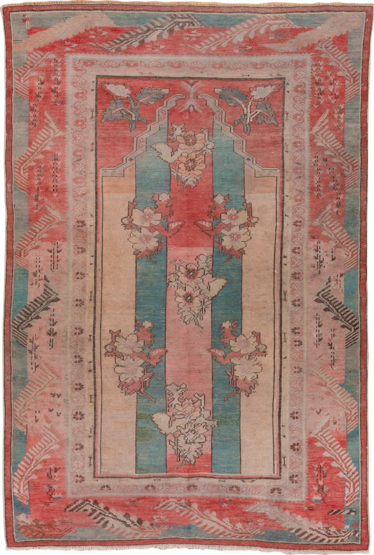 4' x 5' one-of-a-kind handmade vintage Oushak small size rug. Color palette: brown, gray, indian red, pink, red