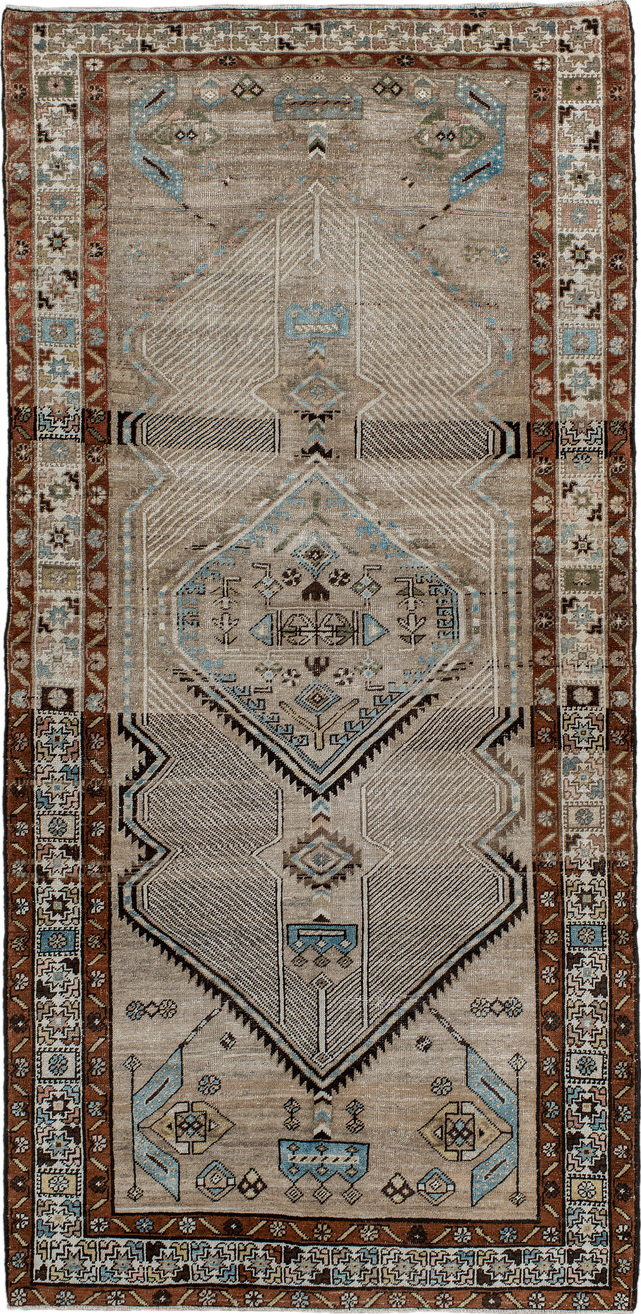 4' x 8' one-of-a-kind handmade vintage Sarab runner rug. Color palette: black, blue, brown, charcoal, gray, light gray