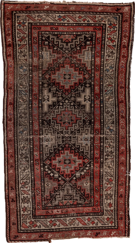 3' x 5' one-of-a-kind handmade vintage Hamadan small size rug. Color palette: brown, gray, pink, red