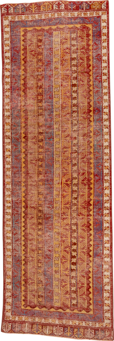 3' x 9' one-of-a-kind handmade vintage Oushak runner rug. Color palette: brown, gray, orange, peru, pink, red