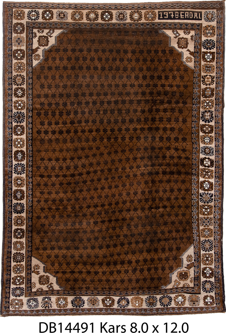 8' x 12' one-of-a-kind handmade vintage Kars large size rug. Color palette: brown, gray, off-white, orange, pink