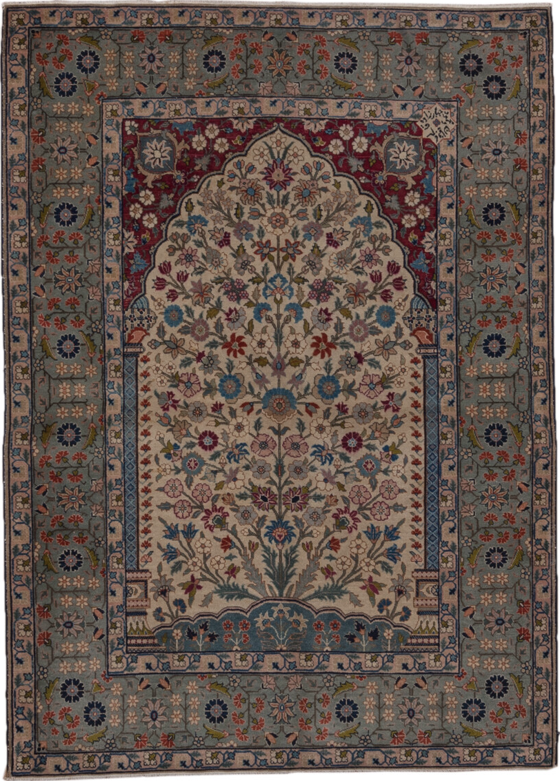 4' x 6' one-of-a-kind handmade vintage Tabriz small size rug. Color palette: black, blue, brown, dim gray, gray, red