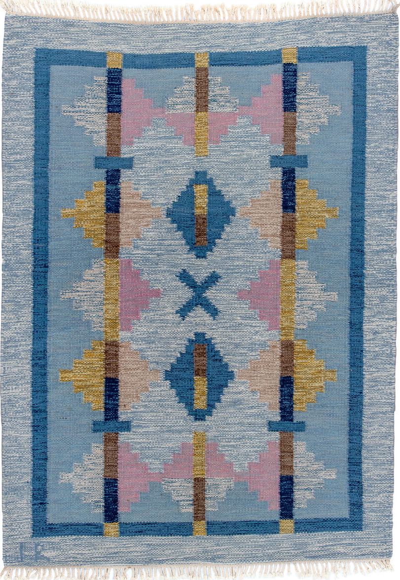4' x 6' one-of-a-kind handmade vintage Rollaken small size rug. Color palette: arapawa, blue, brown, gray, light blue