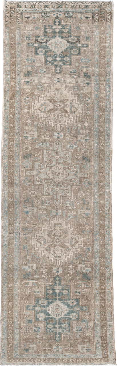 3' x 10' one-of-a-kind handmade vintage Heriz runner rug. Color palette: dark gray, dim gray, gray, light gray, off-white