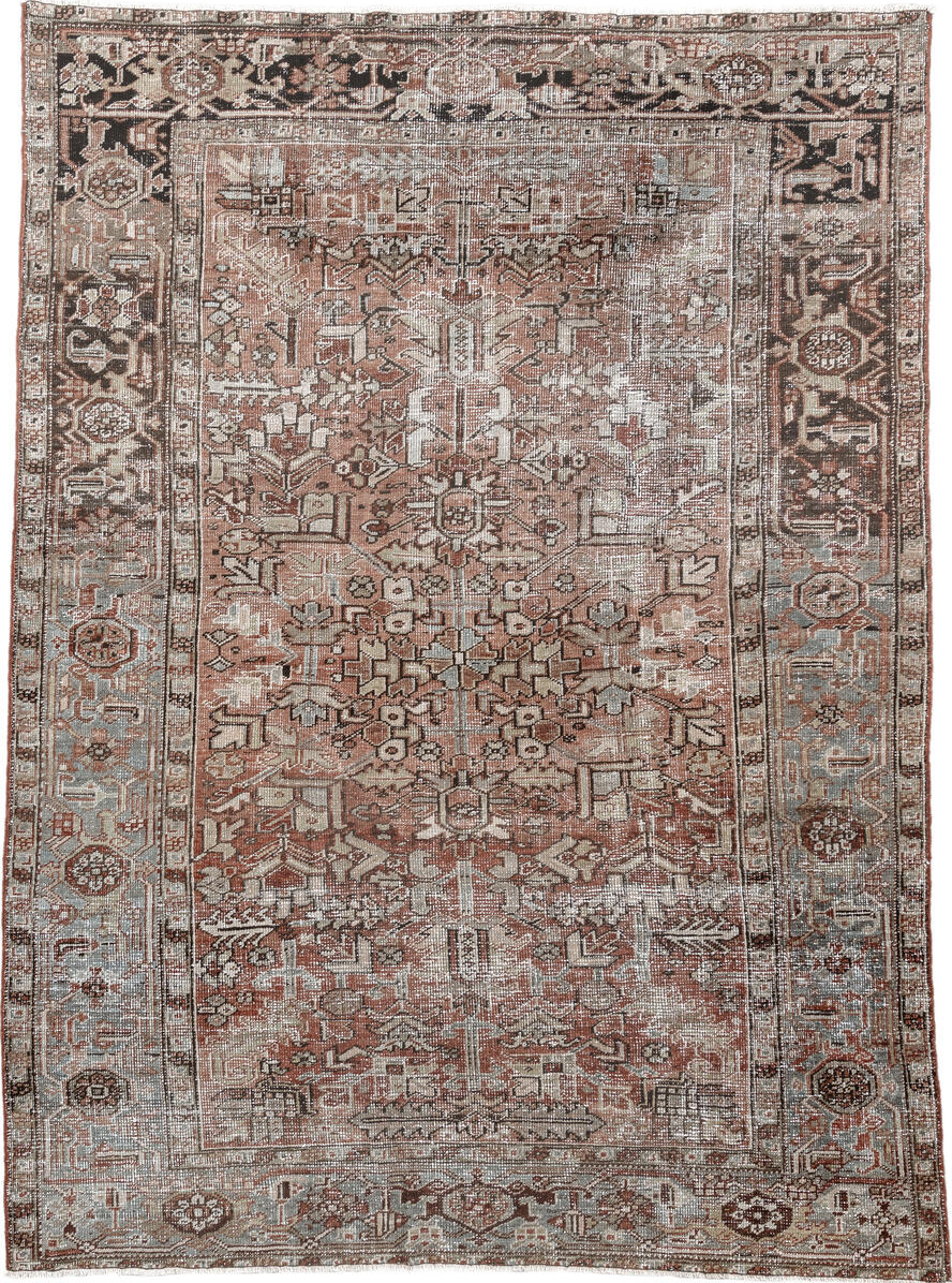 6' x 9' one-of-a-kind handmade vintage Heriz medium size rug. Color palette: black, brown, dark gray, dim gray, gray