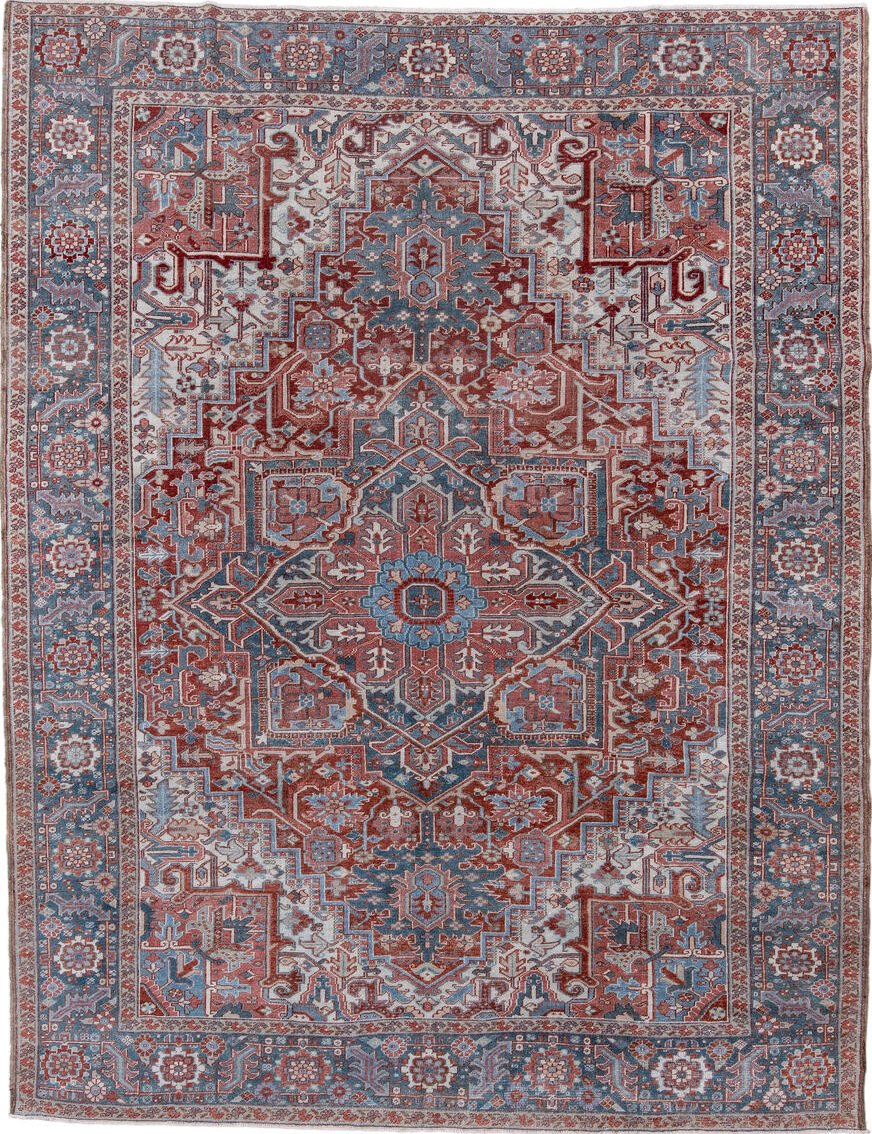 8' x 11' one-of-a-kind handmade vintage Heriz large size rug. Color palette: alice blue, blue, brown, dark gray, dim gray