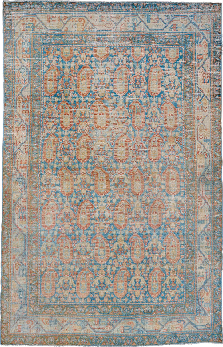 4' x 6' one-of-a-kind handmade vintage Malayer small size rug. Color palette: blue, brown, dark gray, gray, light gray