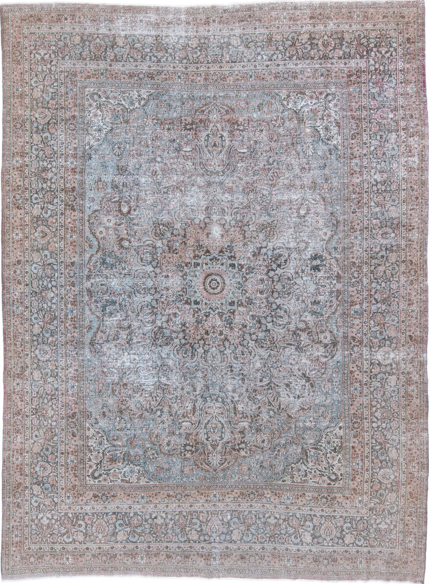10' x 13' one-of-a-kind handmade vintage Khorassan large size rug. Color palette: light gray, off-white, gray, pink