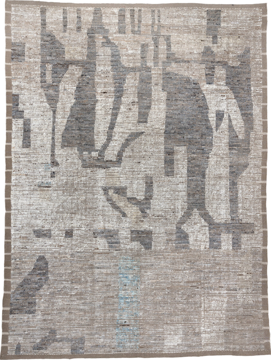 10' x 14' one-of-a-kind handmade vintage Tulu large size rug. Color palette: light gray, off-white, gray, black, pink